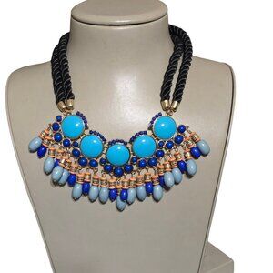 Women's Rope Black Gold Plated Blue Resin Statement Necklace NWOT